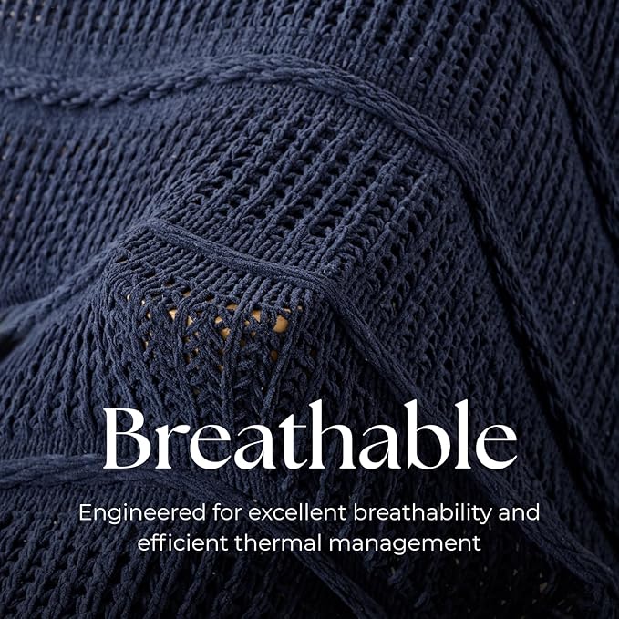 Boho Knitted Chenille Blanket with Tassels - Lightweight & Soft All-Season Throw - 3D Classic Pattern for Living Room Bedroom Couch, Royal Blue, Queen 90"x90"