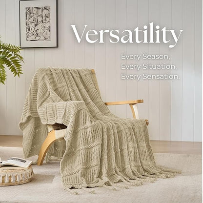Boho Knitted Chenille Blanket with Tassels - Lightweight & Soft All-Season Throw - 3D Classic Pattern for Living Room Bedroom Couch, Sandy Beige, King 90"x108"