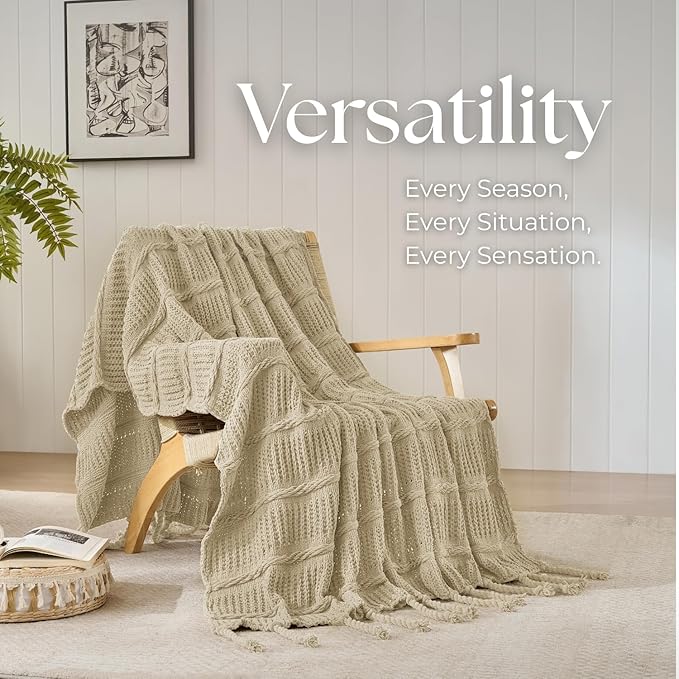 Boho Knitted Chenille Blanket with Tassels - Lightweight & Soft All-Season Throw - 3D Classic Pattern for Living Room Bedroom Couch, Sandy Beige, Throw 50"x60"