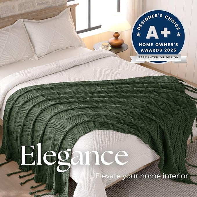 Boho Knitted Chenille Blanket with Tassels - Lightweight & Soft All-Season Throw - 3D Classic Pattern for Living Room Bedroom Couch, Imperial Green, Queen 90"x90"