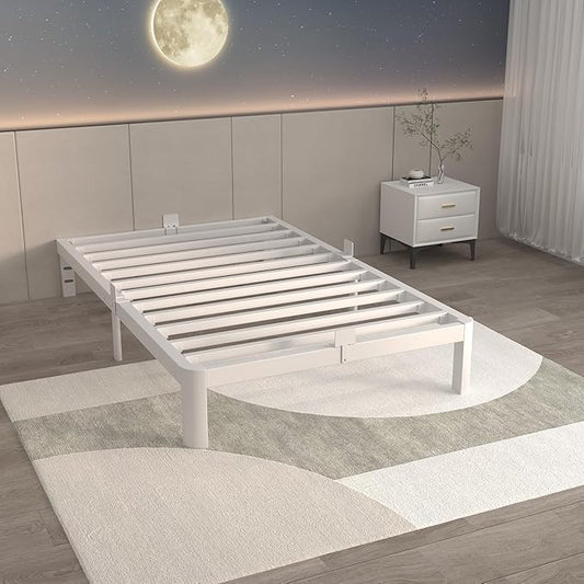 ITIMIDI 10 Inch White Bed Frame Twin Size with Metal Gaskets, Metal White Platform Bed Frame, No Box Spring Needed, Heavy Duty Steel Support 3000 LBS, Anti-Slip Mattress Stopper, Easy Assembly