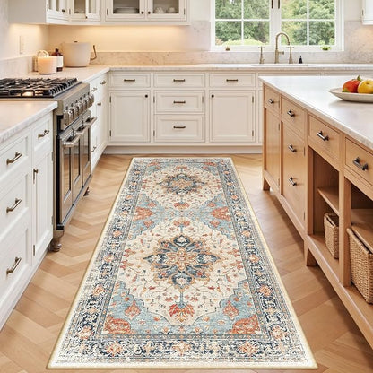 Area Rugs 3'x6' Washable Non-Slip, Floral Vintage Distress Print Pattern Medallion Carpet for Living Room Bedroom Dining Room, Beige Navy Blue Orange Colorful
