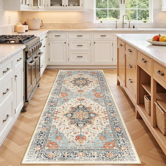 Area Rugs 3'x6' Washable Non-Slip, Floral Vintage Distress Print Pattern Medallion Carpet for Living Room Bedroom Dining Room, Beige Navy Blue Orange Colorful