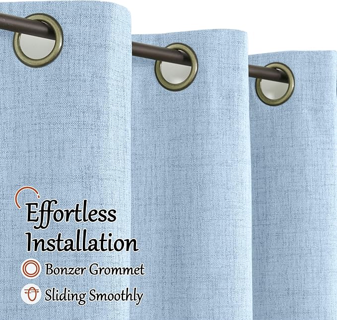 Baby Blue Linen Blackout Curtains for Nursery 40 Inch Length 2 Panels, Short Thermal Insulated Boho Total Black Out Noise Reducing Small Window Curtains for Kids Bedroom, Each 38 Inch Wide