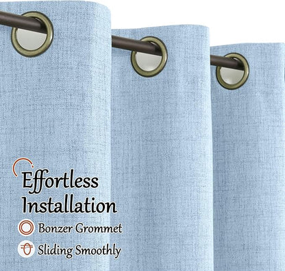 Baby Blue Linen Blackout Curtains for Nursery 84 Inch Length 2 Panels Set, Thermal Insulated Boho Total Black Out Noise Reducing Bonzer Grommets Window Curtains for Kids Bedroom, Each 60 Inch Wide
