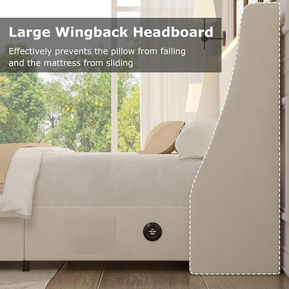 VECELO Full Size Bed Frame with Storage Drawers, Upholstered Platform Bedframe with Wingback Headboard, No Box Spring Needed, Beige