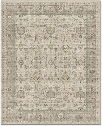 Washable 3x5 Entryway Rug, Boho Non-Slip Vintage Distress Small Rugs for Kitchen Nursery Office Bedroom, 0.3" Neutral Oriental Throw Thin Carpet with Cushioning Pad, Flaxen/Brown/Multi