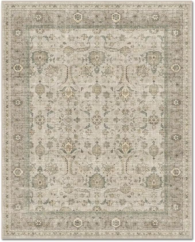 Washable 4x6 Rugs for Living Room, Boho Non-Slip Vintage Distress Small Rugs for Bedroom Nursery Office, 0.3" Neutral Oriental Throw Thin Carpet with Cushioning Pad, Flaxen/Brown/Multi