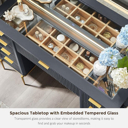 T4TREAM 48" Fluted Makeup Vanity Desk with 48" Large Mirror and HD LED Lights, Modern Vanity Table with Charging Station, Glass Top and Golden Handles Dressing Table for Bedroom,Dark Grey