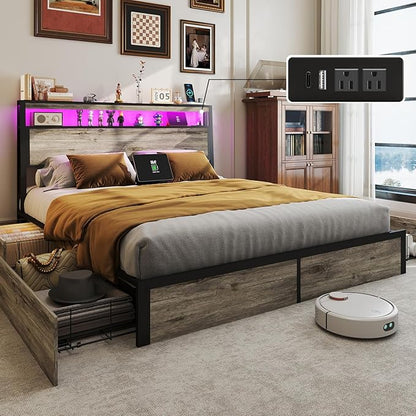 Queen Size Bed Frame with 4 Storage Drawers and Headboard with Charging Station and LED Lights,2 Tier Solid Wood Headboard Storage/Noise Free/No Box Spring Needed/Remote Control/Rustic Grey