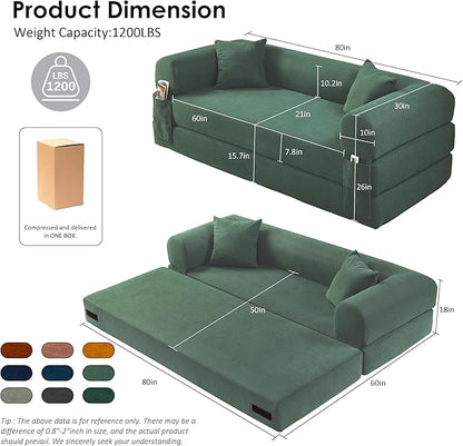 80" Convertible Sofa Bed, 3-in-1 Corduroy Folding Pull Out Couch with Pillows, No Assembly Modern Boneless Couch Compression Sofa in Box, Floor Sofa with Side Storage for Living Room,Light Green