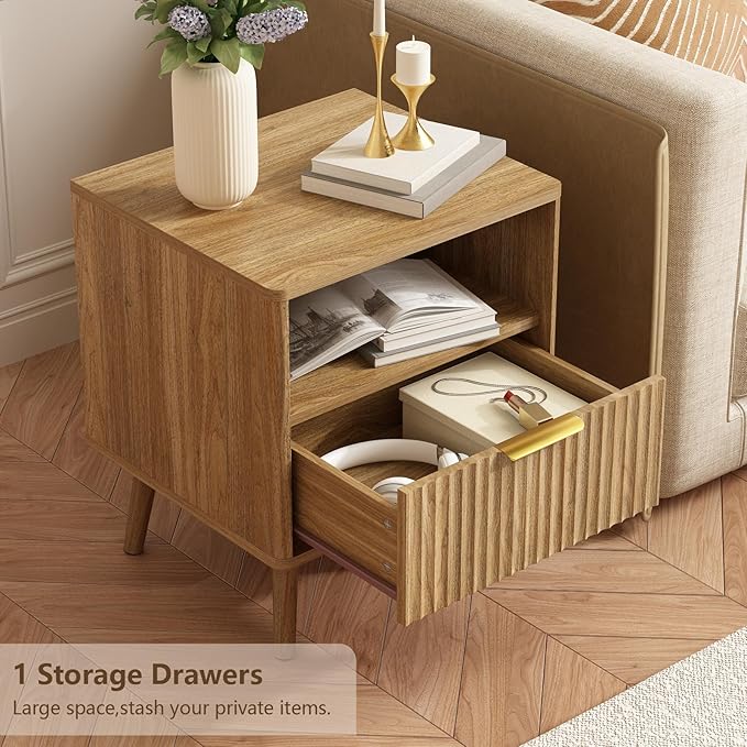 CARPETNAL Fluted Nightstand Set of 2, Walnut Bedside Table with Drawer and Storage Shelf, Wood End Table Mid Century Night Stands for Bedroom Living Room