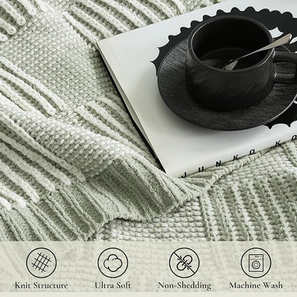 Amélie Home Checkered Knit Throw Blanket for Couch, Chenille Texture Decorative Soft Blanket for Sofa & Chair, 50"x60", Sage Green & White
