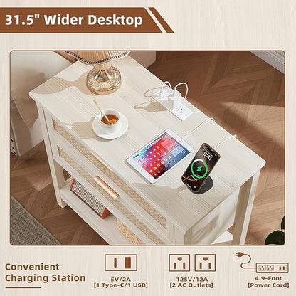 LEYAOYAO 31.5" Wide Rattan Night Stand Set 2 with Charger Station, Oversized Large Boho Nightstand with 2 Drawer, Grey White Bed Side End Tables, Tall Bedside Table for Bedroom Living Room, Hallway