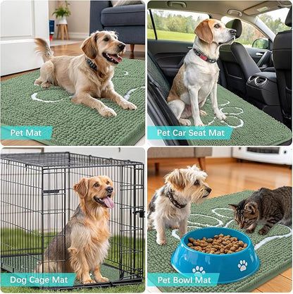 OLANLY Dog Door Mat for Muddy Paws 48x30, Paw Print Design, Absorbs Moisture and Dirt, Non-Slip Washable Doormat, Quick Dry Chenille Mud Mat, Entry Indoor Entryway Carpet, Olive Green and White