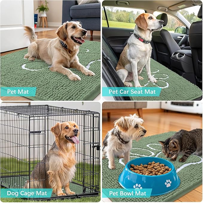 OLANLY Dog Door Mat for Muddy Paws 40x32, Paw Print Design, Absorbs Moisture and Dirt, Non-Slip Washable Doormat, Quick Dry Chenille Mud Mat, Entry Indoor Entryway Carpet, Olive Green and White