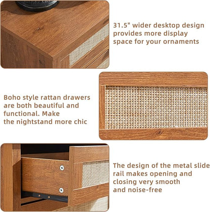 LEYAOYAO 31.5" Wide Rattan Night Stand, Large Boho Nightstand, Bedside Table with Storage, Tall Bed Side End Tables, Chest of Drawers for Bedroom, Living Room, Hallway（Brown,3 Drawers,2）