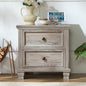 Farmhouse Nightstand with Charging Station, Rustic Low Night Stand with 2 Drawers, Mid-Century Modern End Table with 4 Square Solid Wood Legs, Small Vintage Dresser for Bedroom, Home, Grey