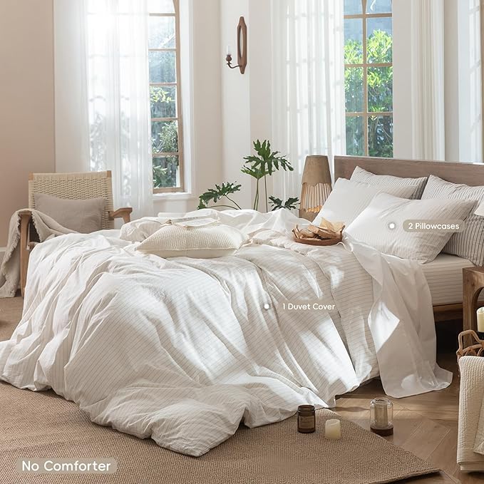 MooMee Striped Duvet Cover Set 100% Washed Cotton Linen Like Textured Breathable Durable Soft Comfy (White Almond Milk Grey Wide Stripes, Super King 108"x98")