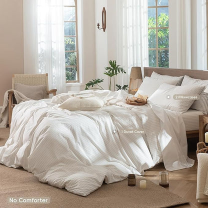 MooMee Striped Duvet Cover Set 100% Washed Cotton Linen Like Textured Breathable Durable Soft Comfy (White Almond Milk Grey Wide Stripes, Super Queen 90"x98")