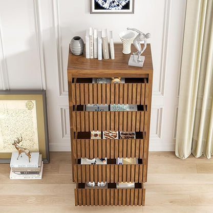Fluted Tall 5 Drawer Dresser, Mid Century Dresser for Bedroom, 45 Inch Wood Chest of Drawers, Modern Closet Clothes Organizer, Walnut Wooden Storage for Living Room, Brown