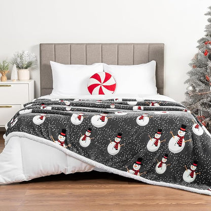 PAVILIA Premium Christmas Sherpa Throw Blanket, 60x80, Grey Snowman Cozy Fleece Holiday Blanket, Reversible Plush Winter Throw for Couch & Bed, Ultra Soft Warm Christmas