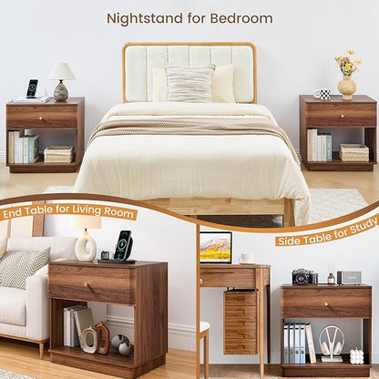 Narrow Nightstand Set of 2, Wooden Small 2 Drawer Nightstand, Slim Side End Table, Skinny Bedside Table, Mid Century Modern Night Stand with Drawers, for Living Room (Walnut-Charging Station-1 pc)
