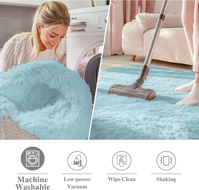 OLANLY Light Blue Round Rugs for Bedroom - Machine Washable, 6 ft Circle Area Rugs for Living Room, Soft and Fluffy Shaggy Carpet for Teen Girl and Boys, Nursery Rooms, Dorms, Home Decor Aesthetic
