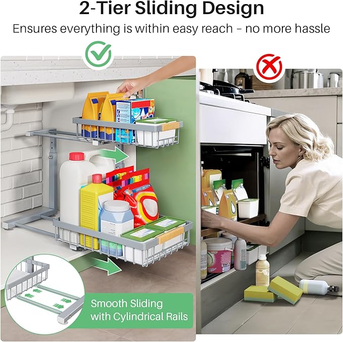 Pull out Cabinet Organizer, 1 Pack Under Sink Organizer, Slide out Metal Kitchen Cabinet Organizers Drawer Shelf, Sliding Storage Shelves for Kitchen Bathroom Pantry Closet Organization Rack(Grey)