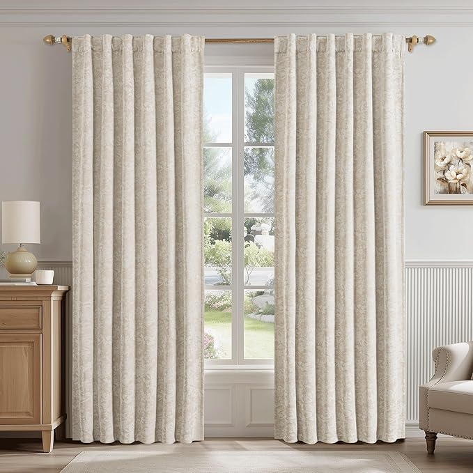 Beauoop Beige Floral Jacquard Blackout Curtains 72 Inches Long 2 Panels for Bedroom Living Room Chenille Flower Room Darkening Thermal Insulated Soundproof Rod Pocket Back Tab Window Drapes 52x72