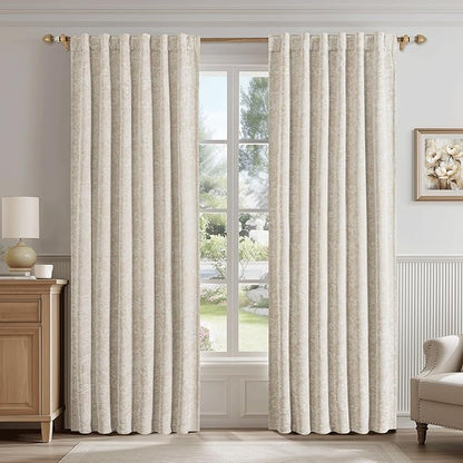 Beauoop Beige Floral Jacquard Blackout Curtains 72 Inches Long 2 Panels for Bedroom Living Room Chenille Flower Room Darkening Thermal Insulated Soundproof Rod Pocket Back Tab Window Drapes 52x72
