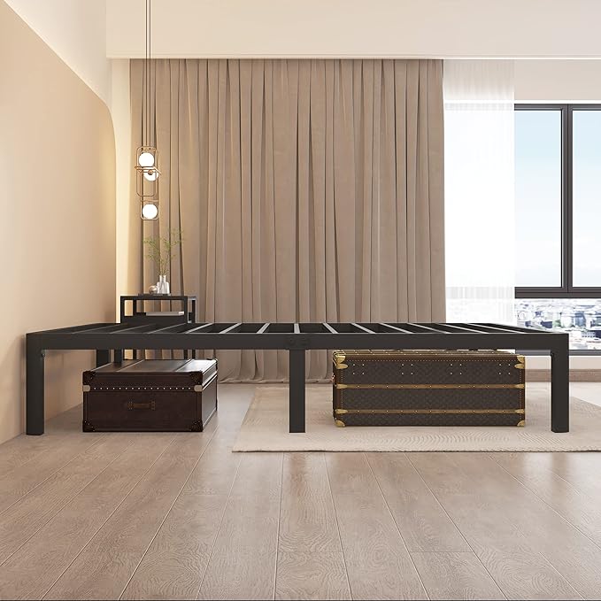 MAF 16 Inch King Size Bed Frame with Round Corner Legs Mattress Slide Stopper No Box Spring Needed Heavy Duty Metal Platform Bed Frames Under-Bed Storage Space, 3000 LBS Steel Slats Support