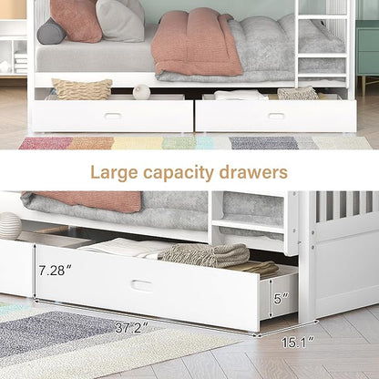 Merax Wood Bunk Bed with Drawers,Convertible Bunk Bed with Ladders and Two Storage Drawers,Solid Wood Detachable Bed Frame with Ladders,Twin Over Twin Size,White