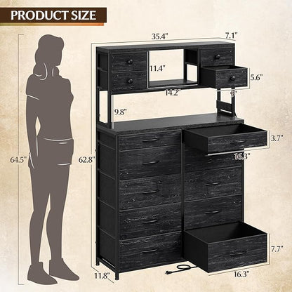 EnHomee Black Dresser with 14 Fabric Drawers, Dresser for Bedroom with Charging Station and LED Lights,Dressers & Chests of Drawers for Bedroom, Steel Frame & Wooden Top, Entryway