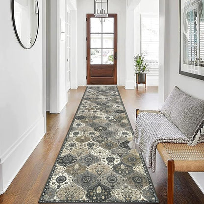 Lahome Moroccan Washable Runner Rug Non Slip, 2x10 Runner Rugs for Hallway 2x10 Vintage Ultra-Thin Throw Long Carpet for Kitchen Entryway Bedroom Laundry Room, Grey