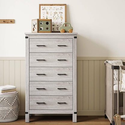 LINSY HOME Farmhouse 5 Drawer Dresser for Bedroom, 46” Tall Rustic Wood Chest with Deep Drawers, Modern Dressers with Spacious Storage and Metal Handles for Closet, Living Room, Hallway, Wash Grey