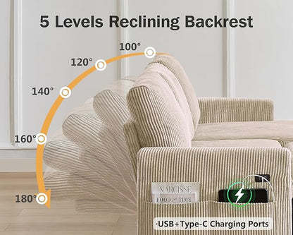 Vipbear 80" Sectional Sleeper Sofa Bed with Pull Out Bed, L Shaped Couch Pull Out Couch with Reclining Backrest, Reversible Storage Chaise, USB Ports, Tool-Free Assembly, Corduroy Beige Color
