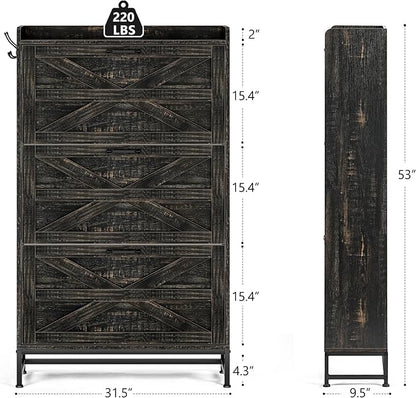 Vibe & Dine Farmhouse Shoe Storage Cabinet - Freestanding Narrow Shoe Rack with Metal Legs, Dark Rustic Oak