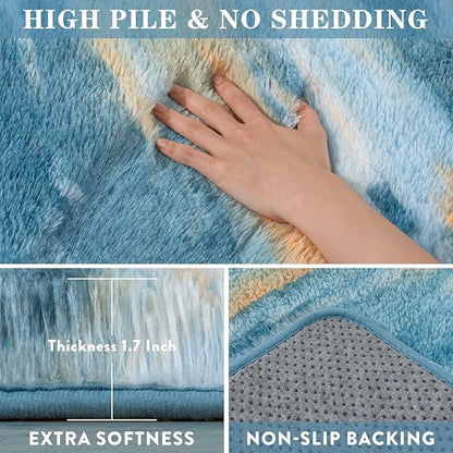 Blue Rugs for Bedroom, 4x6 Fluffy Fuzzy Modern Indoor Floor Rugs for Living Room, Soft Non-Slip Plush Shag Rug for Dorm Kids Room Home Decor, Blue Abstract