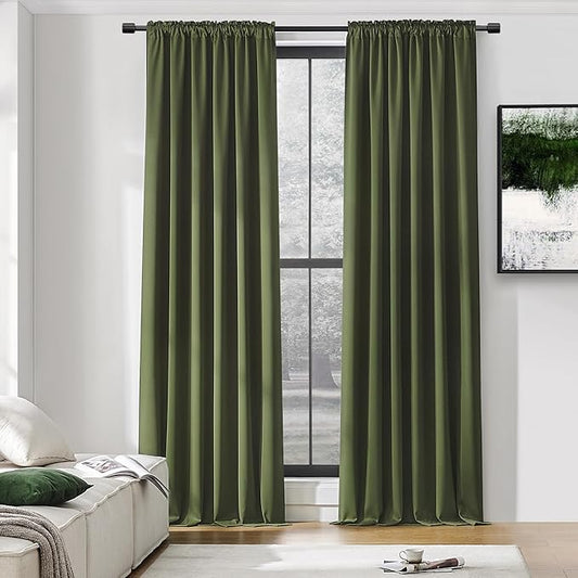 DONREN 108 inch Extra Length Blackout Curtains for Villa Bedroom, Dark Green Room Darkening Thermal Insulated Window Panels for Patio (52" Wide x 108" Long,Olive,2 Pieces)