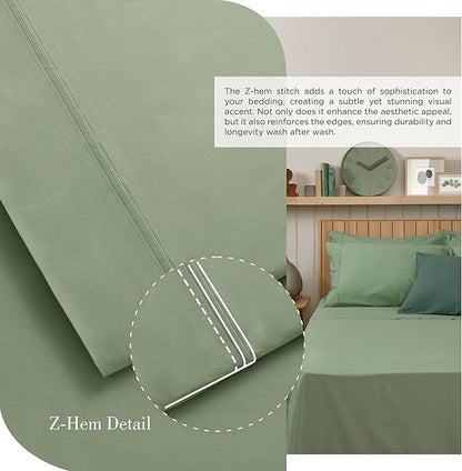 Linen Home 100% Cotton Percale Sheets Twin Size, Oil Green, Deep Pocket, 3 Pieces Set - 1 Flat, 1 Deep Pocket Fitted Sheet and 1 Pillowcase, Crisp Cool and Strong Bed Linen