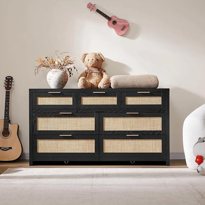 SICOTAS 7 Drawer Dresser for Bedroom, 57" Wide Rattan Dressers, Large Chest of Drawers for Bedroom, Dresser TV Stand, Boho Closet Organizer (Black Oak, 7 Drawers (1 pc))