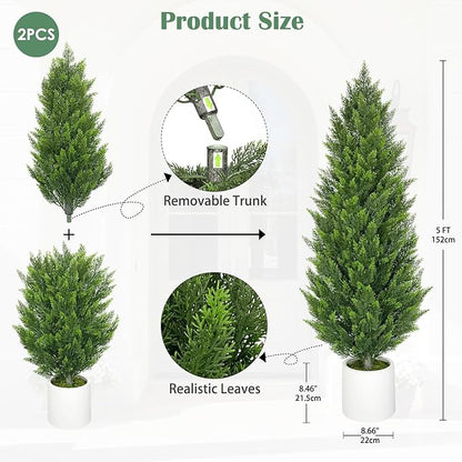 Briful 2PCS 5ft Artificial Cedar Topiary Trees in White Planter – Tall Faux Evergreen Potted Plants, Indoor Outdoor Fake Shrubs, Lifelike Fake Trees for Home, Office, Patio, Porch, Entryway