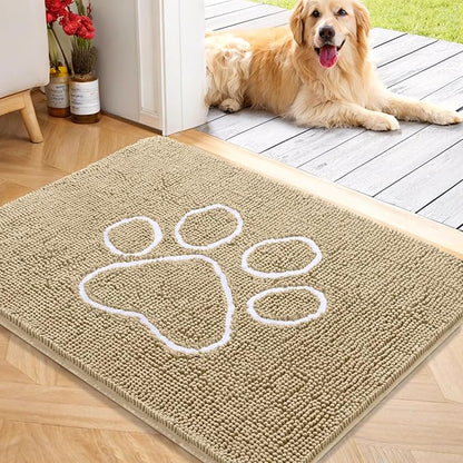 OLANLY Dog Door Mat for Muddy Paws 40x32, Paw Print Design, Absorbs Moisture and Dirt, Absorbent Non-Slip Washable Doormat, Quick Dry Chenille Mud Mat for Dogs, Entry Indoor Entryway Carpet, Beige