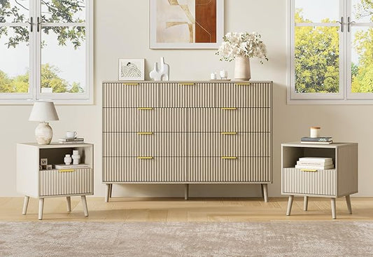 LYNSOM Fluted Dresser and Nightstand Sets 3 Piece, 9-Drawers Dresser and 1-Drawer Nightstands Set of 2, Wood Bedroom Furniture Set for Home, Bedroom, Hallway, Beige