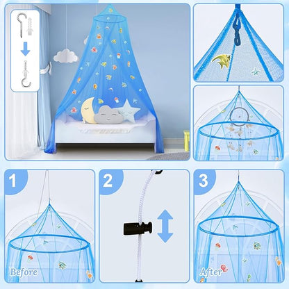 South to East Bed Canopy for Children with Glowing Marine Life, Blue Bed Curtains for Kids & Toddler Beds, Twin, Full & Queen, Mosquito Net Canopy for Boys Bedroom