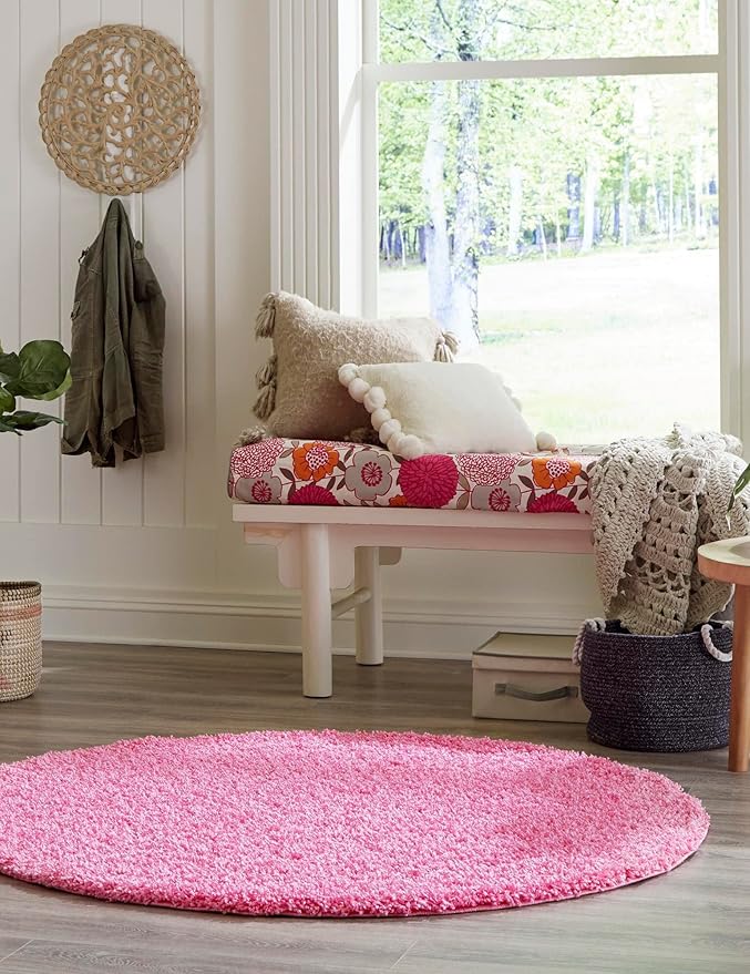 Unique Loom Solid Shag Collection Area Rug (4' 1" Round, Taffy Pink)