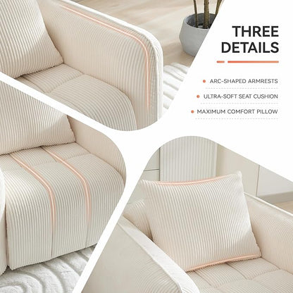 66'' Boneless Loveseat Sofa, 2 Seater Deep Seat Couch with Rounded Armrest, Upholstered Cloud Couch for Living Room, Bedroom, No Assembly, Corduroy White