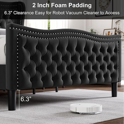 King Bed Frame with Tall Headboard & Footboard, Velvet Upholstered Platform Bed Frame with Deep Button Tufted Wingback, No Box Spring Needed, Noise Free, Black