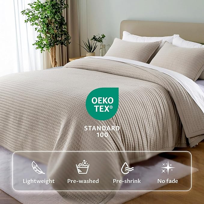 KASENTEX Queen XL Quilt Set 98"x98" – Soft Washed 3-Layer Lightweight Bedspread, Minimalist Nordic Design, All-Season Spring & Summer Quilt Set (1 Quilt + 2 Pillow Shams),Light Taupe